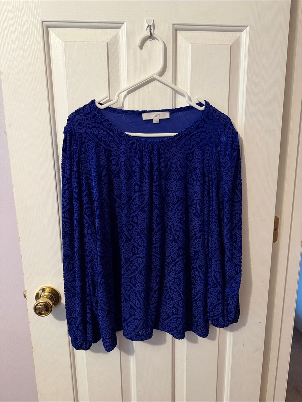 LOFT Cobalt Blue Long-Sleeve Textured Paisley Blouse